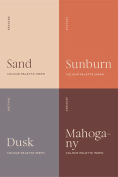 four different color palettes with the words sunburn and mahoga ny in them