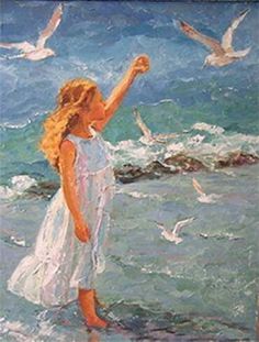 a painting of a girl standing in the ocean with seagulls