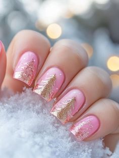 Discover the trendiest pink Christmas nail ideas for a festive yet chic holiday manicure. From glitter to 3D art and ombre styles, these pink Christmas nails are perfect for adding a modern twist to your holiday look. Get inspired with Pinterest-worthy designs, including French manicures, pastel nails, and pink chrome finishes for the ultimate festive glam. Silver Holiday Nails Christmas, Pink Ombre Christmas Nails, Pink Snowflake Nail Design, Pink Christmas Toe Nails, Pink And Gold Holiday Nails, Xmas Pink Nails, Pink Ballet Nails, Pale Pink Christmas Nails, Glinda Nail Designs