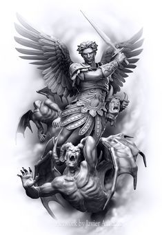 a drawing of a man on a horse with an angel and demon in the background