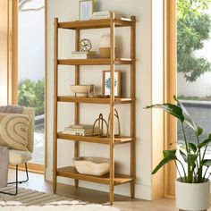 Sutton Shelf Living Room Book Storage, Entryway Bookshelf Decor, Bathroom Shelves With Baskets, Living Room Plant Stand, Tall Book Shelf Ideas, Light Wood Bookshelf, Japandi Bookcase, Renter Friendly Shelves, Bamboo Bookshelves