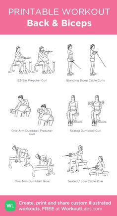 the printable workout guide for back and biceps is shown in this image