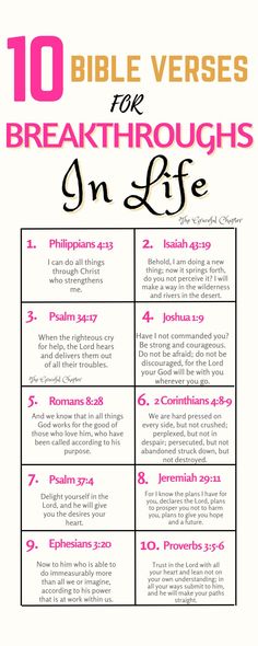 ten bible verses for the break throughs on life with pink and black text