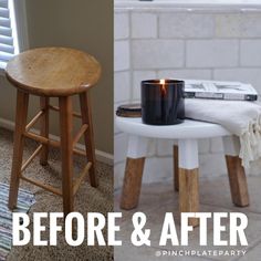 a table with a candle on it next to a stool