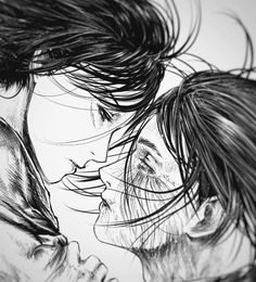 an artistic drawing of two people with their faces close to each other and hair blowing in the wind