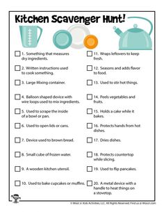 the kitchen scavenger hunt is shown in this printable