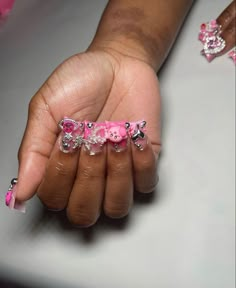 Junk Nails Black Women, Short Duck Nails With Charms, Pink Duck Nails Acrylic, Garden Acrylic Nails, Medium Junk Nails, Bad And Boujee Nails Short, Short Kawaii Nails