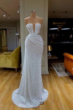 Plunging V-neck Sparkle White Sequined Strapless Prom Dress Cheap Prom Dresses Long, Strapless Prom Dress, Sequin Prom Dress, Prom Dresses Online, Mermaid Prom Dresses, Express Dresses, Formal Evening Dresses, Custom Dresses, Prom Dresses Long