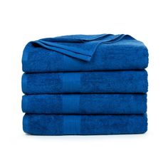 four blue towels stacked on top of each other in front of a white background,