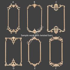 four different types of decorative gold frames with rope and flowers on each side, in various styles