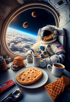 an astronaut sitting at a table with food and drinks in front of him, looking out the window