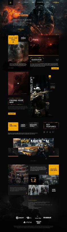 the website design for an upcoming video game, with dark colors and yellow accents on it