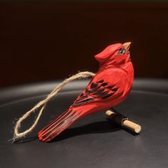 a red bird sitting on top of a black table next to a piece of string