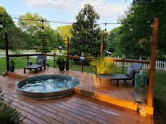 a hot tub sitting on top of a wooden deck