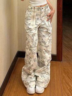 Wide Leg Camouflage High-Waisted Split-Joint Zipper Pants Trousers CAMOUFLAGE-L Y2k Spring, Camouflage Cargo Pants, Winter Typ, Baggy Cargo Pants, Pants Y2k, Camouflage Pants, Camo Cargo Pants, Zipper Pants, Camo Pants