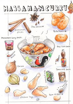 a drawing of masan curry in a bowl with spices and other ingredients around it