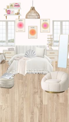 a bedroom with white furniture and wooden floors, including a bed, chair, mirror, dresser