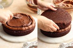 two pictures of someone frosting a chocolate cake with melted chocolate icing on top