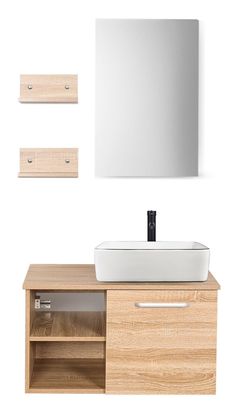 a bathroom vanity with a sink, mirror and shelves on the wall next to it