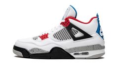 The Air Jordan 4 “What The” combines colorways of some of the most timeless Jordan 4s into one.  The “What The” release celebrates the 30th Anniversary of the Air Jordan 4 model.  The “White Cement,” “Military Blue,” “Fire Red,” and “Black Cement” colorways all receive love and are featured on parts of both pairs of the design.  A white leather base covers the mid-panel, toe, and heel of both sneakers.  The left pair features a black base beneath white netting on the mid-panel.  Fire Red eyelets Yeezy 750, Air Jordan Retro 4, Nike X Travis Scott, Jordan Retro 4, Jordan Model, Jordan 4s, Black Cement, Nike Air Jordan Retro, Jordan 4 Retro