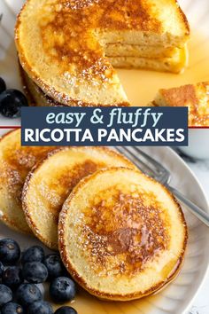 pancakes with blueberries and powdered sugar on top are shown in this collage