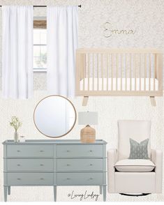 a baby's room with a crib, dresser and chair in white colors