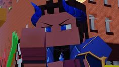 an animated image of a man with blue hair and horns holding some boxes in front of him