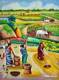 a painting of people working in the fields