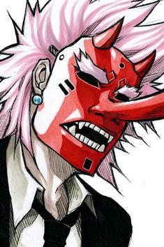 a drawing of a man with pink hair and demon makeup