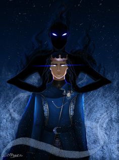 a woman wearing a black cape and standing in front of a blue background with an evil face