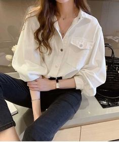 Long Sleeve Elegant Solid Blouse Shirts – Tomscloth Korean Shirts, Trendy Crop Tops, Pullover Mode, Easy Trendy Outfits, Sleeves Clothing