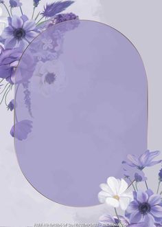 purple and white flowers are in front of an oval shaped frame on a gray background