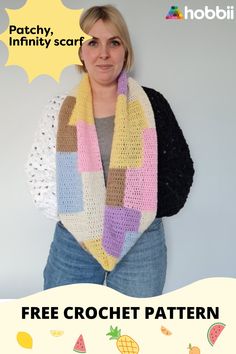 a woman wearing a multicolored scarf with the words patchy - pris okr