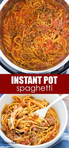 an instant pot spaghetti recipe with meat and tomato sauce is shown in two different pictures