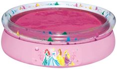 a pink bath tub with princesses on it's sides and water in the middle