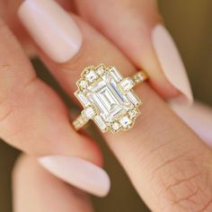 Deco Emerald Cut Moissanite Diamond Mosaic Engagement Ring | Berlinger Jewelry Deco Style Engagement Ring, Mosaic Engagement Ring, Berlinger Jewelry, Vintage Halo Engagement Ring, Mosaic Ring, Milgrain Engagement Ring, Art Deco Emerald, Lab Created Diamond Rings, Vintage Halo