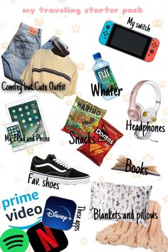 there are many different items that can be found in this image, including shoes, headphones and other things