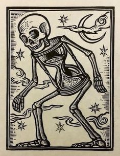 a drawing of a skeleton with stars in the sky behind it, and an image of a