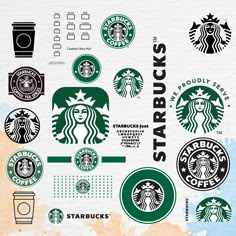 the starbucks logo is shown in green and black on a watercolor background with other starbucks logos