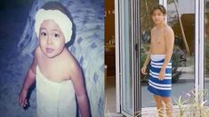 a young man standing in front of a painting of a baby wearing a towel on his head