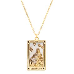 a gold plated necklace with an image of the virgin mary and stars on it