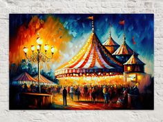 an oil painting on canvas of a carnival at night with people walking around the fairground