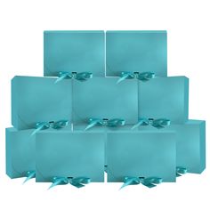 many blue boxes with bows on them