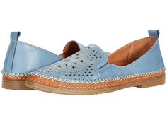 Spring Step Ingrid - Women's Shoes : Sky Blue : Add a little spice with the Spring Step Ingrid. Breathable and comfortable slip on loafer with slotted pattern on upper. Flat rubber outsole with leather insole and leather lining for a soft cushioned foot all day. Stitching with cross stitching pattern and pull on tab in back. Floral design pattern on upper. Round toe design. Leather upper, lining, and insole. Synthetic outsole. Imported. Measurements: Heel Height: 1 2 in Weight: 7 oz Product meas Blue Slip-on Leather Shoes For Spring, Spring Blue Slip-ons With Leather Sole, Blue Textured Sole Slip-ons For Spring, Blue Slip-ons With Textured Sole And Round Toe, Spring Slip-on Woven Leather Flats, Toe Designs, Loafers Men, Loafer Shoes, Dress Shoes Men