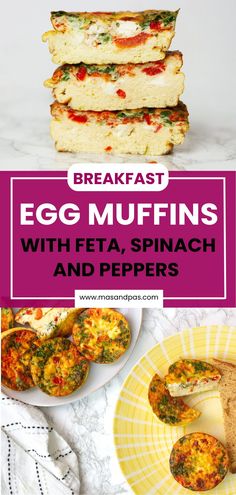 breakfast egg muffins with feta, spinach and peppers on a plate