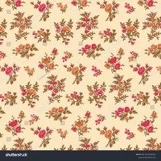 an old fashioned floral wallpaper pattern with pink and red flowers on beige background stock photo