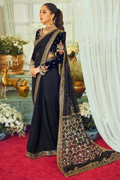 Embroidered Black Velvet Saree Pakistani Wedding Dresses in a hand-crafted velvet plum shirt with a round neck paired with raw silk salwar. Fast Shipping. Anarkali Dupatta With Gold Embroidery For Traditional Ceremonies, Elegant Dupatta With Gold Embroidery For Traditional Ceremonies, Gold Embroidered Dupatta For Traditional Ceremonies, Traditional Embellished Dupatta, Traditional Lehenga With Gold Embroidery For Ceremonies, Bollywood Style Dupatta With Gold Embroidery For Traditional Ceremonies, Long Sleeve Lehenga With Intricate Embroidery For Traditional Ceremonies, Velvet Saree For Wedding, Traditional Drape Lehenga With Gold Embroidery For Ceremonies