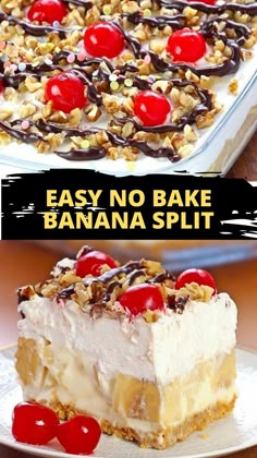 banana split dessert with cherries and chocolate on top