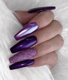 Purple Nail Ideas, Black And Purple Nails, Purple Chrome Nails, Purple Nail Art Designs, Purple Gel Nails, Purple Glitter Nails, Feather Nails, Summer Acrylic, Purple Nail Art