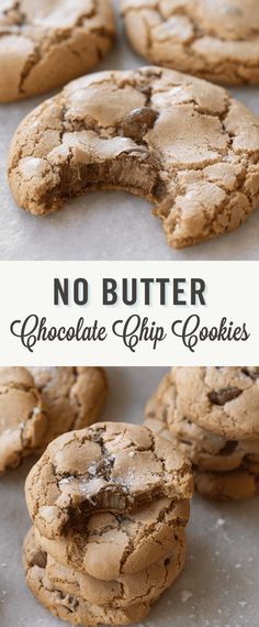 chocolate chip cookies with the words no butter above them